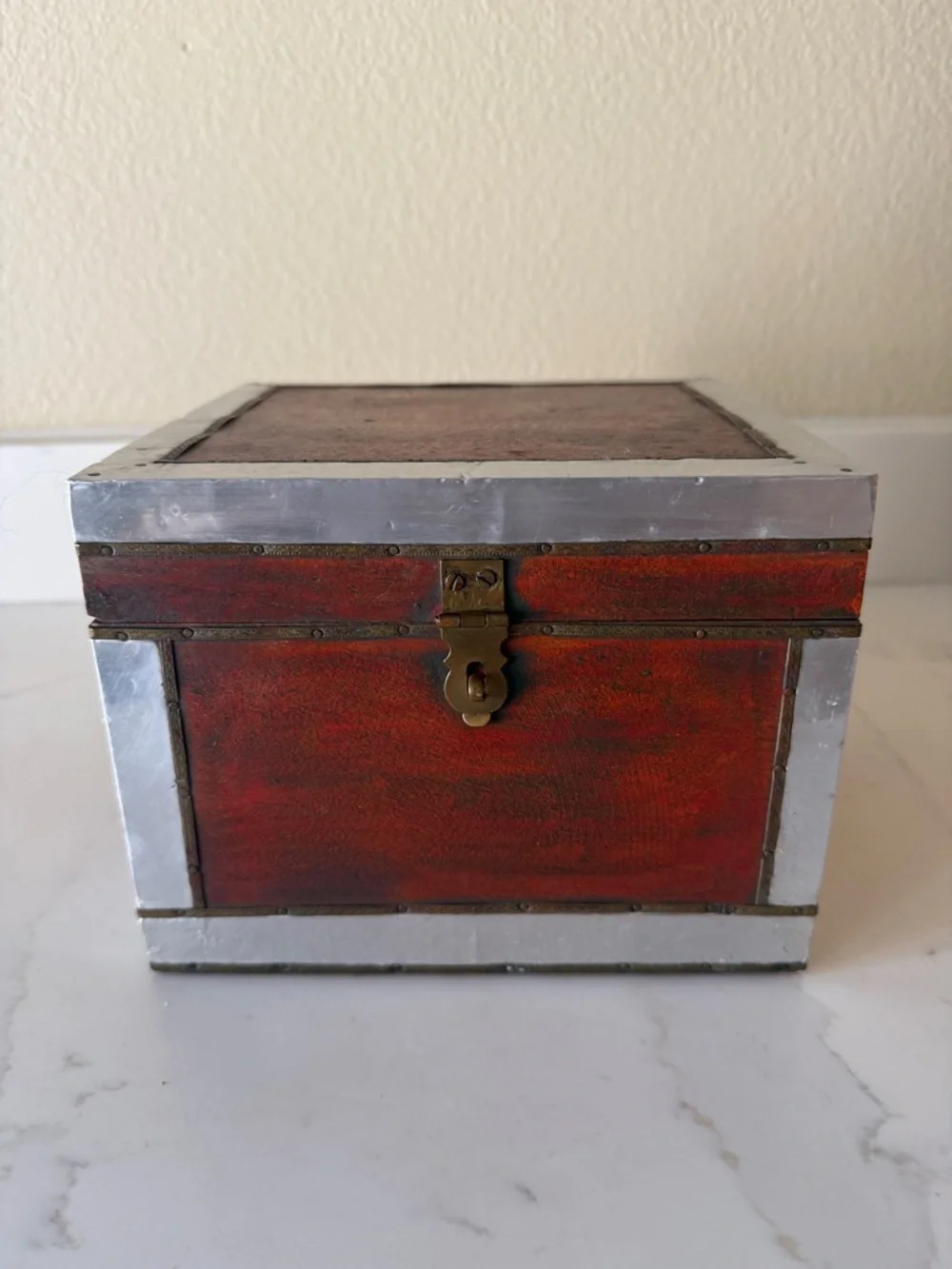 Vintage Handmade Wooden Box with Brass and Aluminum Trim.